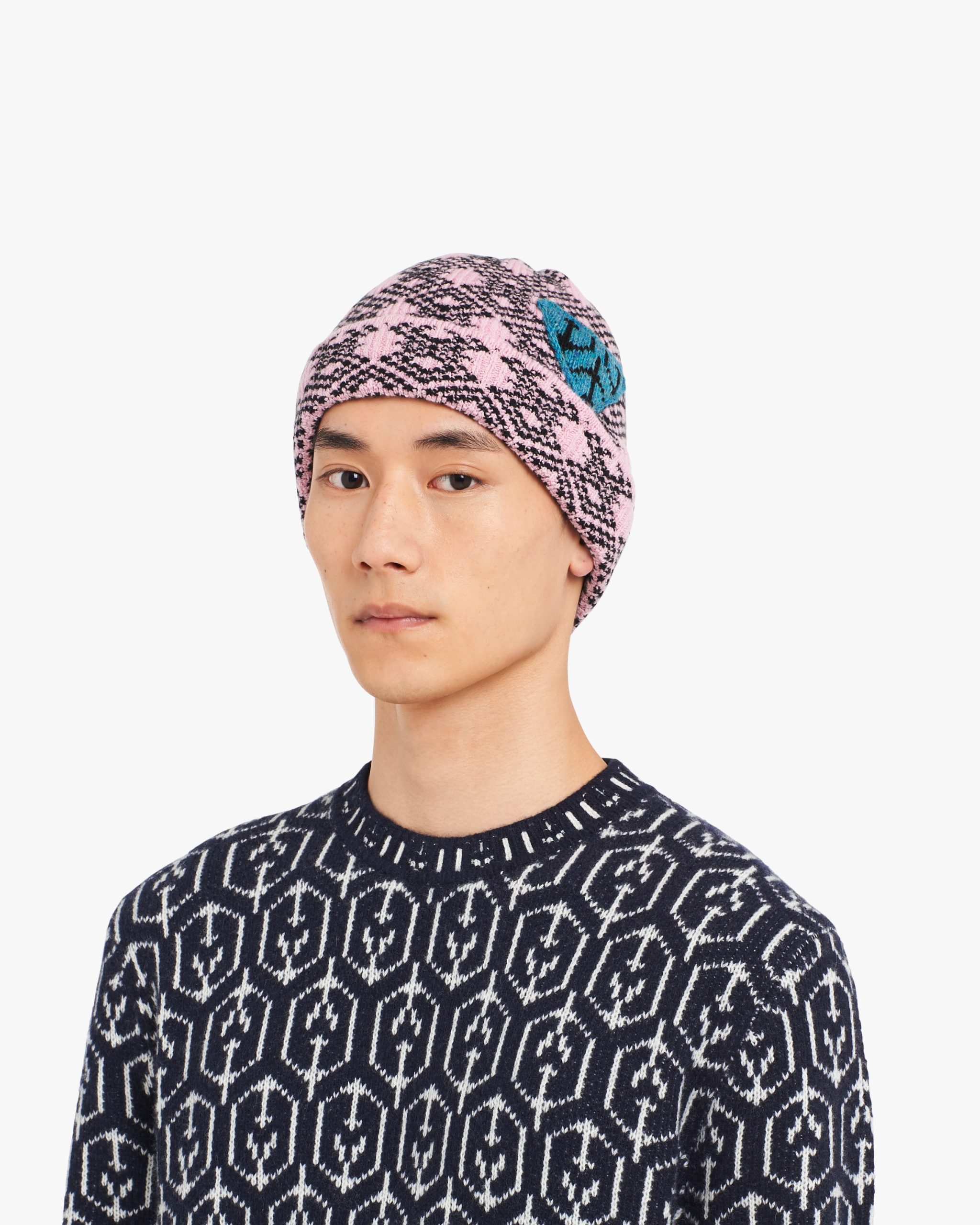 Pink/black Wool and cashmere jacquard beanie - Image 2