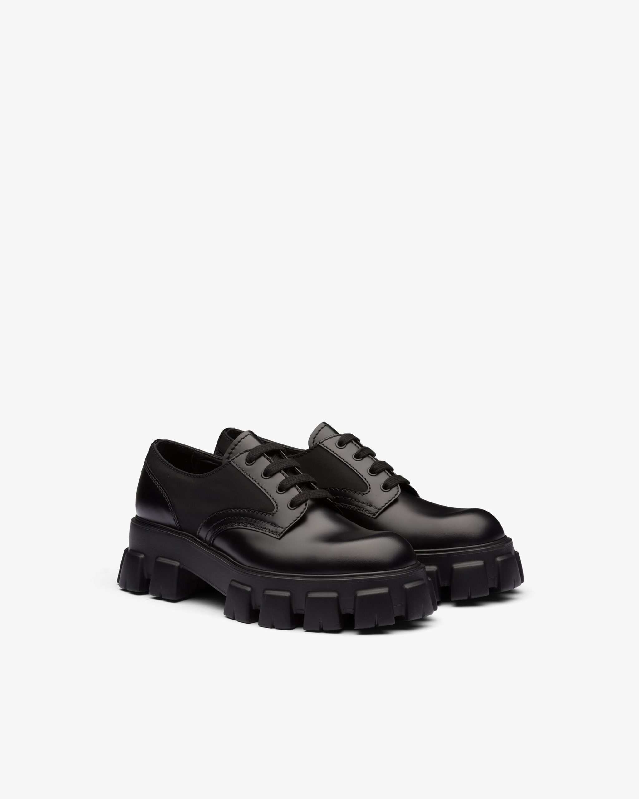 Black Prada Monolith brushed leather and nylon lace-up shoes