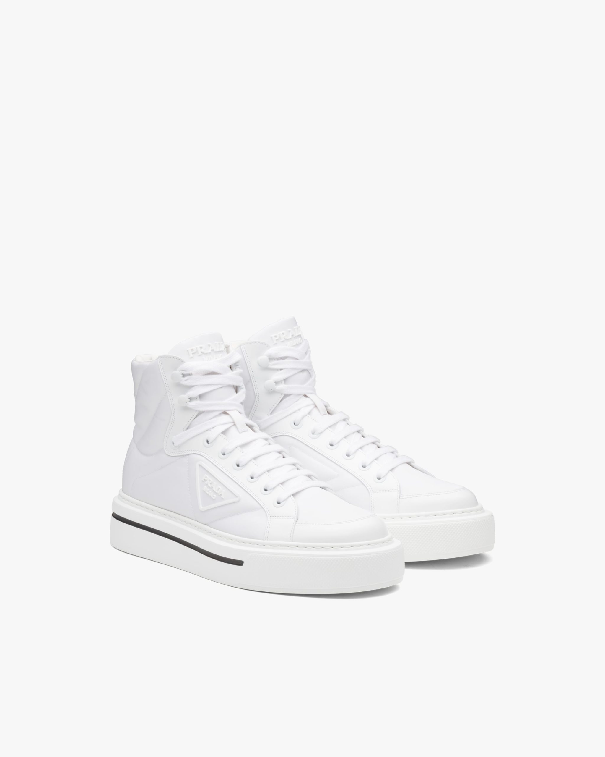 White Prada Macro Re-Nylon and brushed leather high-top sneakers