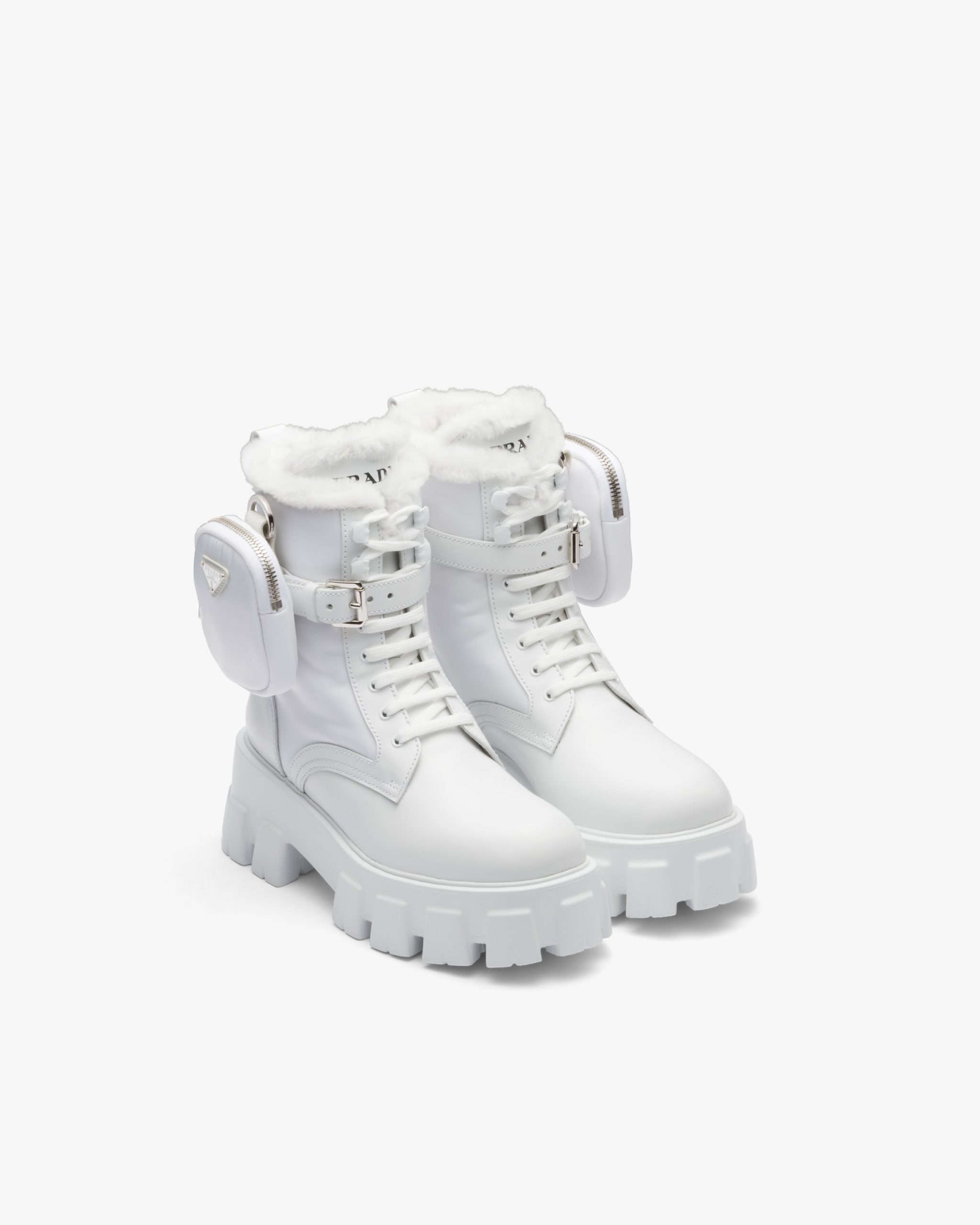 White Monolith leather and nylon biker boots