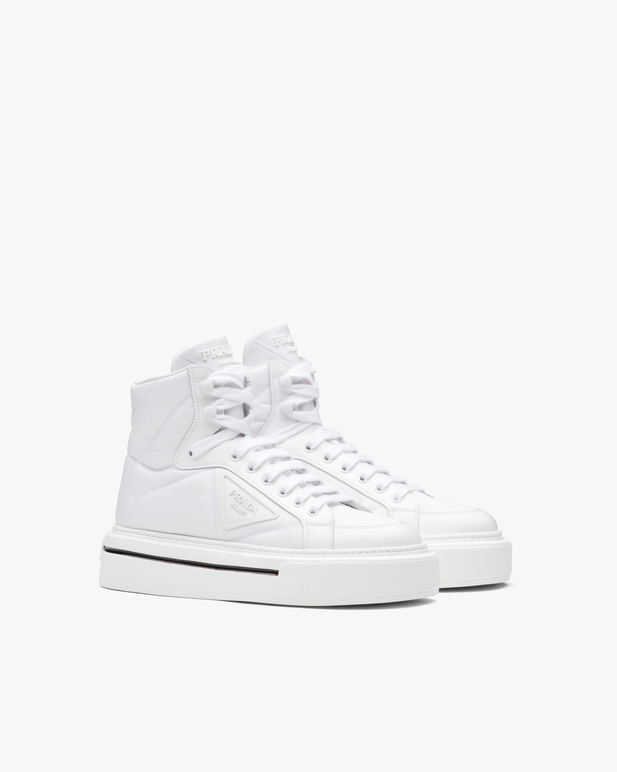White Prada Macro Re-Nylon and brushed leather high-top sneakers